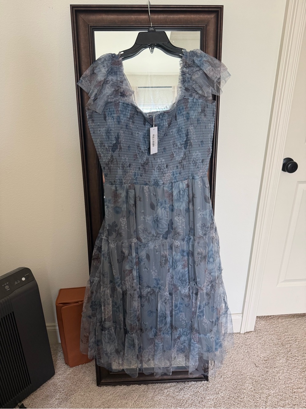 Baltic Born Dusty Blue Floral Tiered Mesh Midi Dress